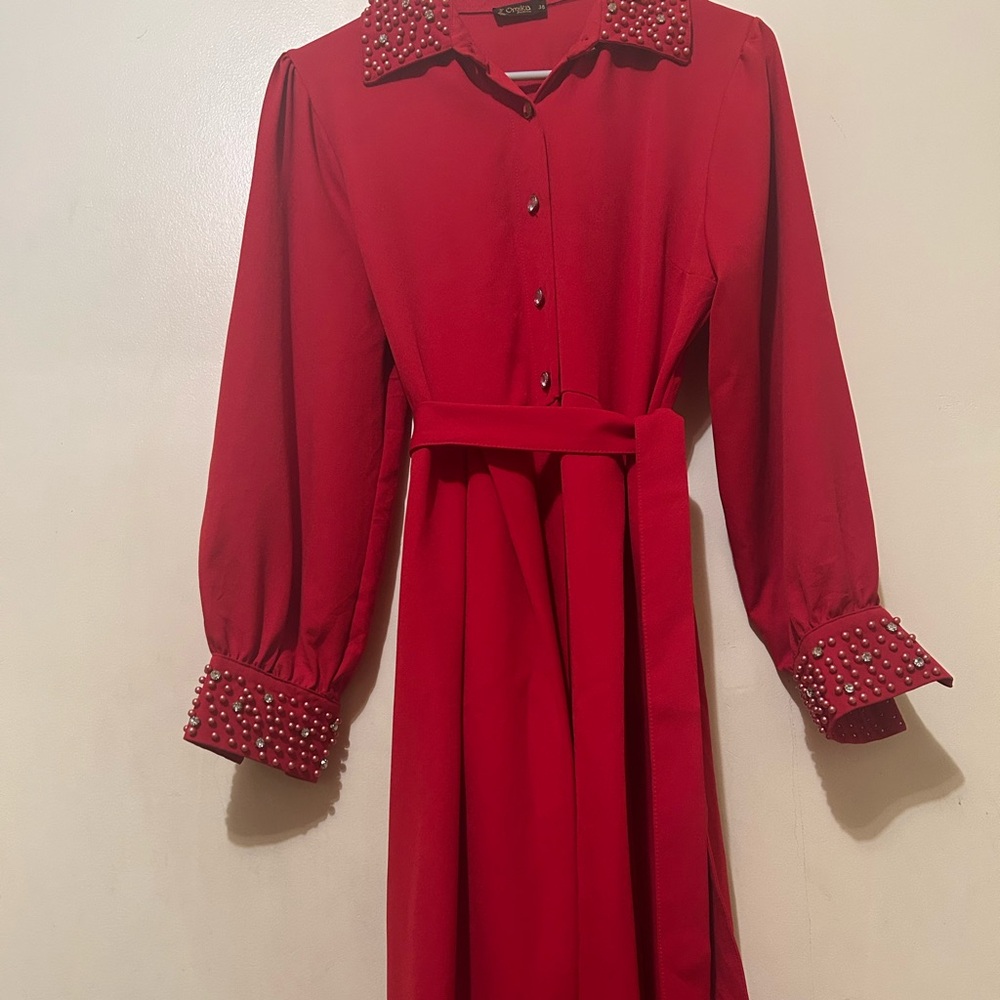 Omika Red Long-Sleeve Button-Down Dress  Pearl & Rhinestone Collar Sz 8
